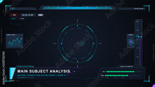 Futuristic main subject analysis HUD with central circular targeting reticle, signal trace, audio telemetry bars, node panel, and cyan grid interface