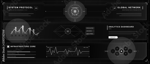 Monochrome futuristic HUD dashboard with system protocol panels, global network monitoring, analytics charts, infrastructure core, and node map