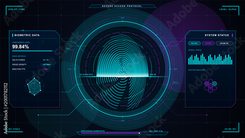 Futuristic biometric access protocol HUD with neon fingerprint scan, system status panels, signal bars, and dark grid interface in cyan and purple