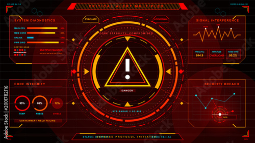 A display shows critical alerts for system diagnostics indicating multiple failures. Danger is reported along with compromised core stability and security breaches while evacuation is advised.