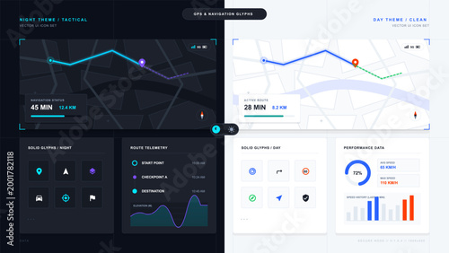 Split day and night GPS navigation UI icon set with map routes, location pins, route telemetry, performance charts, and clean dashboard panels