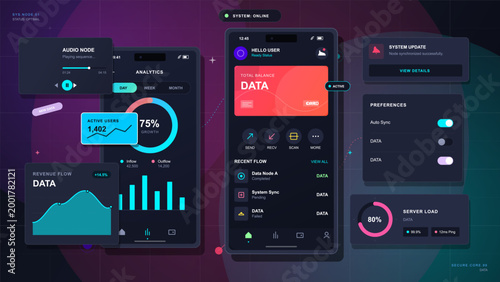 Futuristic mobile finance dashboard interface with charts, data cards, toggles, notifications, and neon analytics panels on dark grid background.