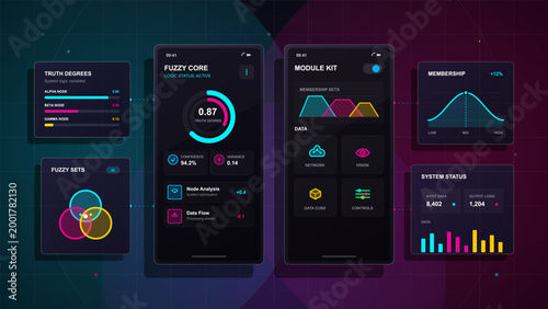Dark futuristic fuzzy logic app interface with truth degree gauges, membership charts, module kit icons and system status panels on grid background