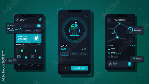 Futuristic grocery delivery mobile app screens with shopping deals, product page, cart controls, order tracking map, and dark neon style
