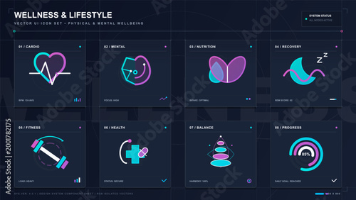 A set of icons displays various topics related to wellness and lifestyle. These include cardio, nutrition, fitness, health, balance, and recovery. Each area has its own clear visual design.