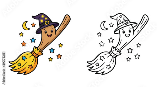 Halloween Witch Broom and Coloring Page with Smiling Face and Stars