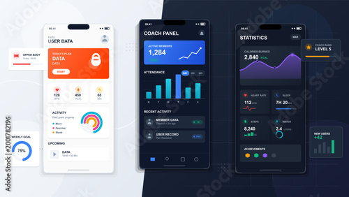 Modern fitness coaching app interface with workout plan, coach dashboard, activity rings, health statistics and mobile analytics screens for trainers.