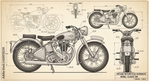 Vintage Motorcycle Blueprint Technical Drawing.