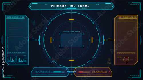 Futuristic vector HUD interface with circular target frame, data sector panels, warning log and neon cyan yellow controls on dark grid background
