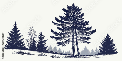 Graphic illustration of coniferous pine trees in a hilly forest landscape with landscape coniferous evergreen wilderness woodland environment background illustration creative monochrome
