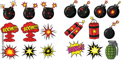 Set of comic style bomb dynamite grenade explosion with boom and bang speech bubbles and sparks isolated on white background cartoon vector illustration