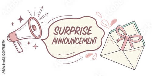 Surprise announcement graphic with megaphone and gift envelope surprise announcement megaphone envelope communication marketing promotion celebration invitation advertising illustration
