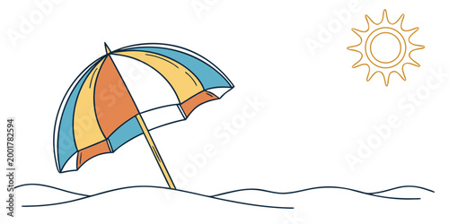 Colorful beach umbrella standing on sand under bright sun with umbrella vacation relaxation tropical paradise seashore seasonal sunshine recreation background illustration minimalist