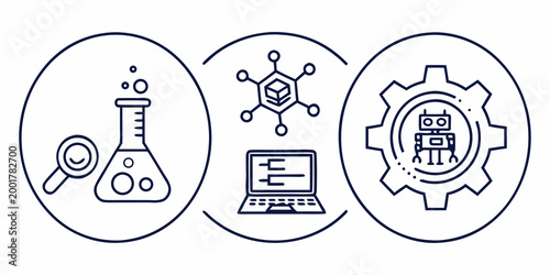Set of scientific research and technology development icons with technology research robotics automation laboratory chemistry innovation analysis experiment development engineering graphics