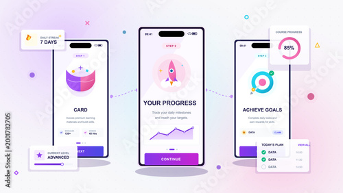 Pastel learning progress app interface with three mobile onboarding screens, rocket milestone, target goal, streak, level and course widgets.