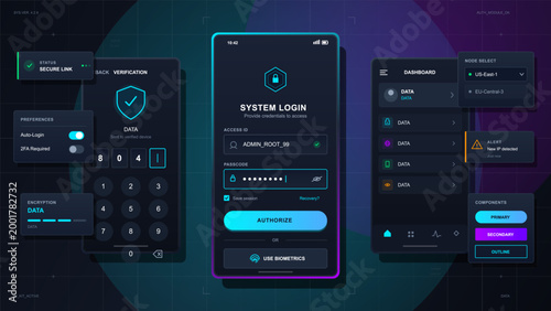 Futuristic mobile system login interface with biometric security panels, verification keypad, dashboard cards, and neon cyber grid background
