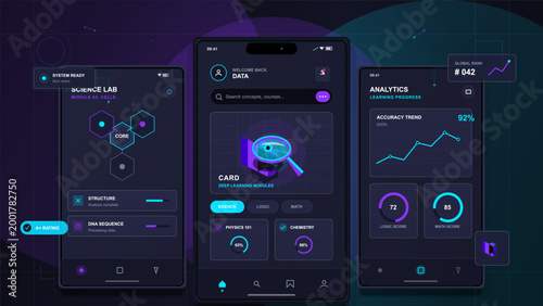 Futuristic mobile learning app interface set with science modules, analytics charts, neon progress cards on three dark smartphone screens.