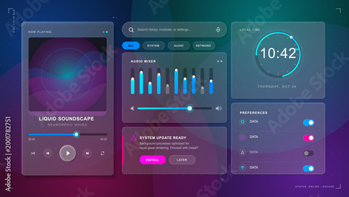 Futuristic audio interface dashboard with liquid soundscape player, mixer sliders, clock, preferences toggles, and update panel on dark gradient.