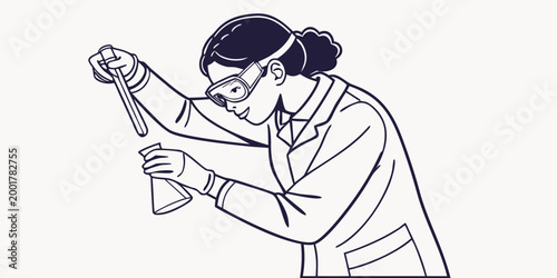 A female scientist in a lab coat and safety goggles pouring liquid into a flask with scientist laboratory research experiment chemistry analysis academic technician innovation discovery