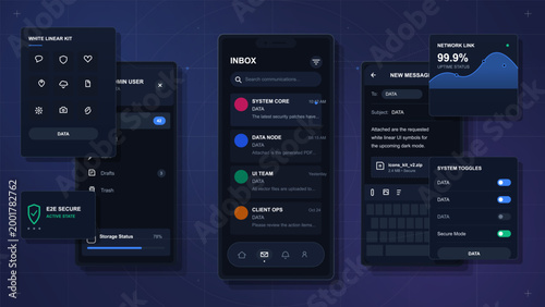 Dark futuristic mobile inbox interface with secure messaging screens, linear icon kit, network graph, toggles, and neon grid background display