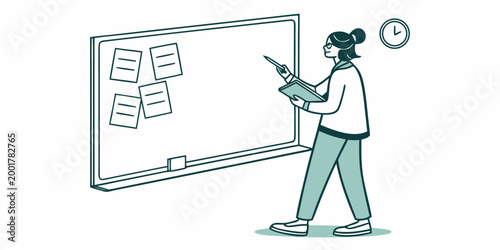 A woman teacher standing in front of a whiteboard pointing at notes and holding a folder with whiteboard education classroom planning strategy instruction learning teaching academic educator
