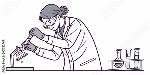 A female scientist in a lab coat and goggles working with laboratory glassware scientist laboratory research experiment chemistry glassware experimenting analysis academic technician