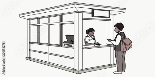 Person standing at information desk or ticket booth counter with information customer employee passenger business terminal illustration assistance consultant purchasing transaction building