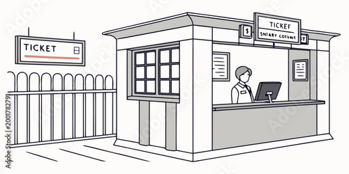 Ticket booth at public transit station with clerk transportation customer terminal passenger commuter platform information business attendant infrastructure building architecture purchase