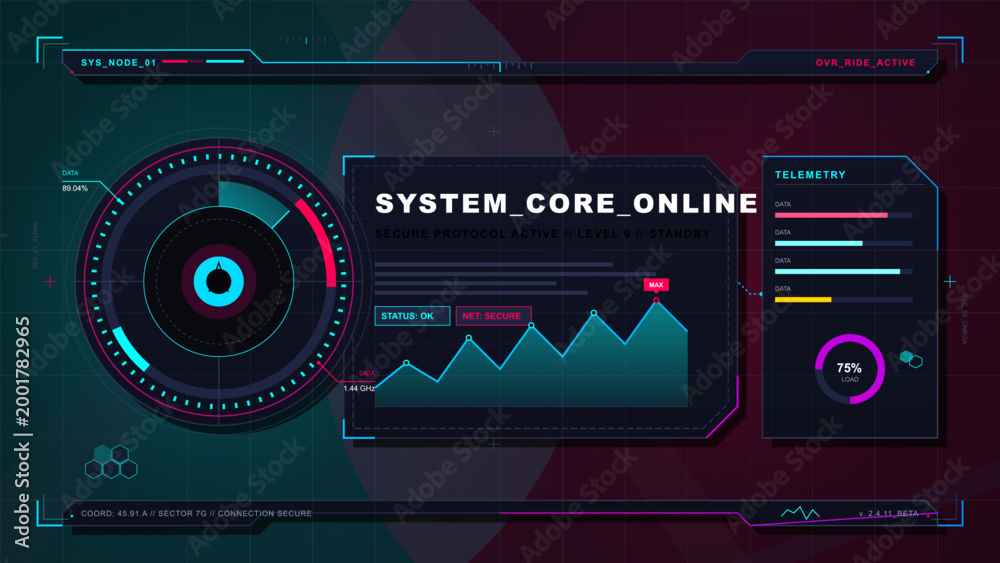 Obraz premium Futuristic cyber system dashboard with circular scanner, telemetry bars, line chart, neon grid background, and glowing interface panels