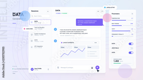 A workspace shows a layout for a data analysis dashboard. Sections include data visualization and user profile settings. The chart displays trends with clear parameters for interaction.
