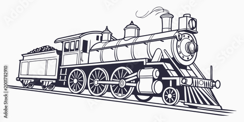 Vintage steam locomotive with coal tender graphic steam engine locomotive transportation railroad illustration monochrome transport silhouette technology mechanical industry historical