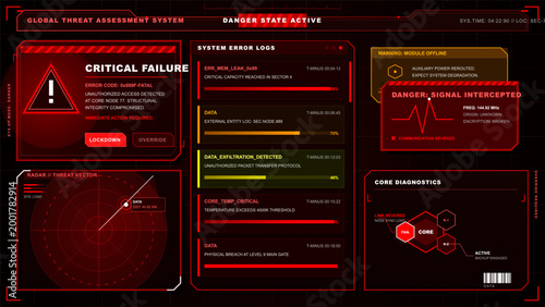Red emergency cybersecurity HUD dashboard with critical failure alert, error logs, intercepted signal, radar threat vector and core diagnostics