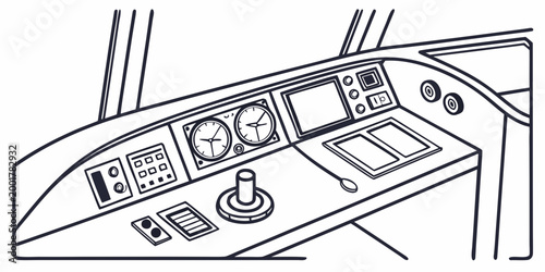 Modern train cockpit control panel illustration with dashboard transport technology illustration monochrome interface operator infrastructure mechanical transportation commuter electric