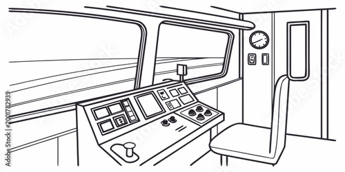 Train cockpit interior driver control station illustration with locomotive dashboard transport engineer navigation instrument throttle illustration monochrome industrial transportation