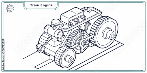 Isometric line art illustration of a complex train engine mechanical assembly with engine block technical drawing black and white mechanical assembly isometric engineering locomotive machinery