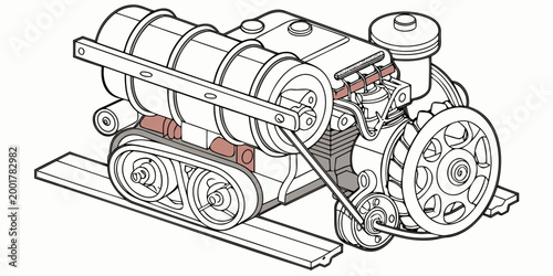 Detailed isometric schematic of an internal train locomotive engine mechanism with technical drawing black and white locomotive mechanical isometric schematic engineering machinery technical