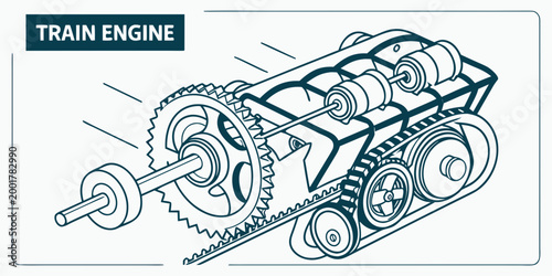 Technical isometric drawing of an operational train locomotive engine mechanism with engine block black and white locomotive mechanical isometric engineering machinery technical industrial