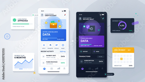 Modern vector mockup of mobile finance app screens with loan account, secure vault, payment plan, interest rate cards and transaction dashboard