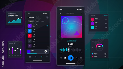 A music streaming app is open on a smartphone. The screen shows the library, now playing, and data flow features. It displays audio information and playlists.