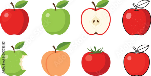 Set of red and green apples in various styles including whole sliced bitten outline and peach with tomato isolated on white background cartoon vector illustration