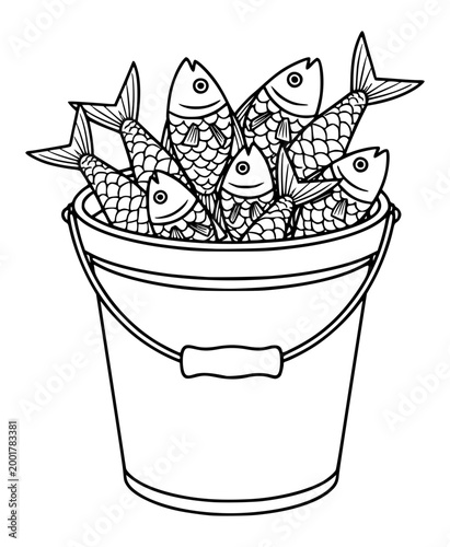 Bucket full of fish line art illustration isolated on white background, simple outline drawing for coloring or fishing concept