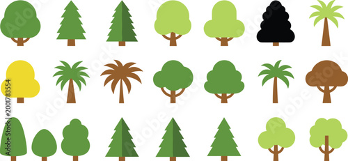 Set of various flat style tree icons including pine palm oak and tropical trees in different shapes and colors isolated on white background vector illustration