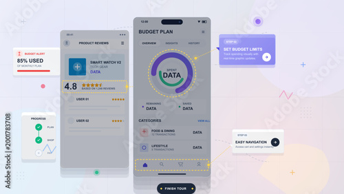 Mobile app onboarding UI mockup with budget dashboard, product reviews, alerts, progress card, and navigation tips on pastel grid background
