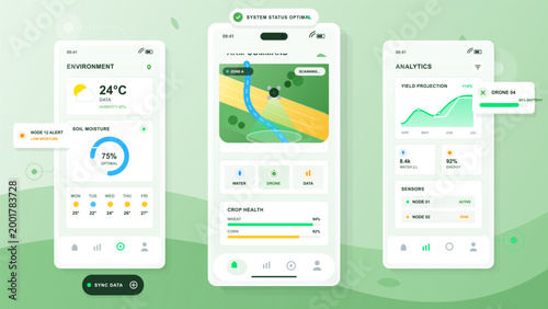 Flat smart farming mobile app dashboards showing crop health, soil moisture, drone scanning, sensor alerts, and yield analytics on green screens