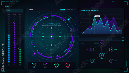Dark futuristic radar HUD interface with circular active scanner, vertical data meters, signal trace chart and network topology panel on grid