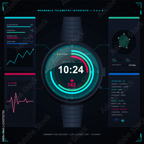 Futuristic wearable telemetry HUD with smartwatch face, biometric panels, ECG graph, kinematics radar, and diagnostics on dark interface