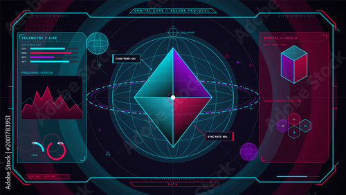 Futuristic orbital core HUD with glowing geometric crystal, telemetry graphs, spatial grid, node cluster, and neon data panels on dark interface