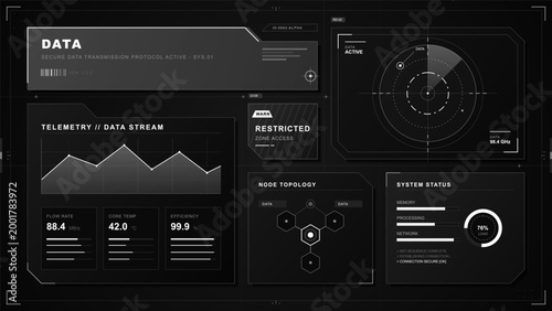 Monochrome secure data telemetry dashboard with transmission protocol banner, stream chart, restricted alert, radar scan and system status panels.
