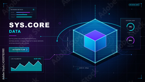 A digital interface shows the process of initializing a secure data protocol with connection statistics and a control panel. The system metrics include a lifetime graph and activation feature.
