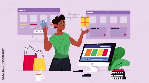 A woman compares a product on her computer screen while holding up shopping bags and items in her office.